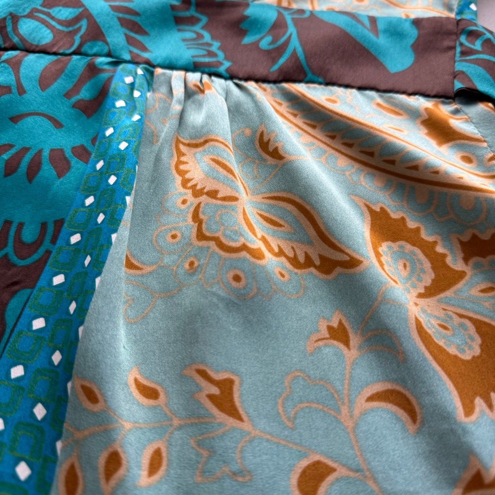 VTG Gala Small Kimono Style Blouse Y2K Top 100% Silk Teal Brown VNeck Belted - Picture 6 of 6